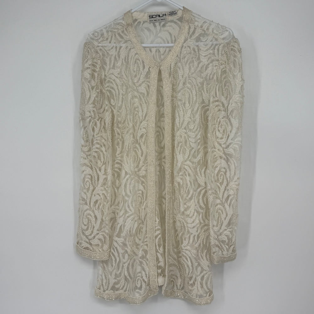 Vintage Scala Beaded Pearls Lace Jacket Cardigan Ivory Sheer Open Front Large